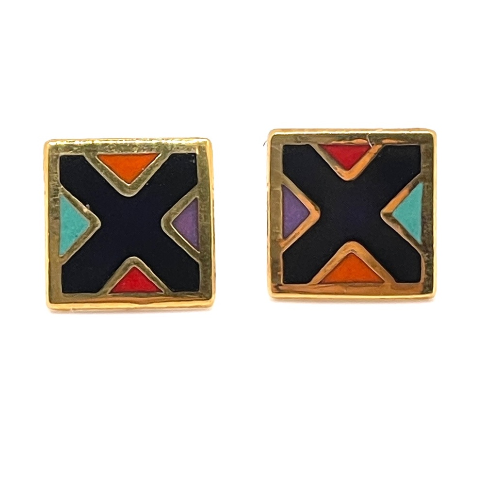 Laurel Burch 1993 Signed Gold Tone Enamel Pierced Post Earrings